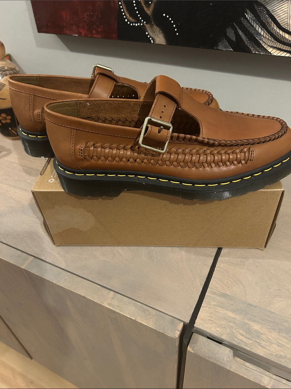 Dr. Martens Brown Leather Woven Strap Moccasins with Yellow Stitch